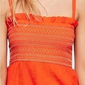 Free People Orange Smocked / Shirred Tank Top with Tie Straps